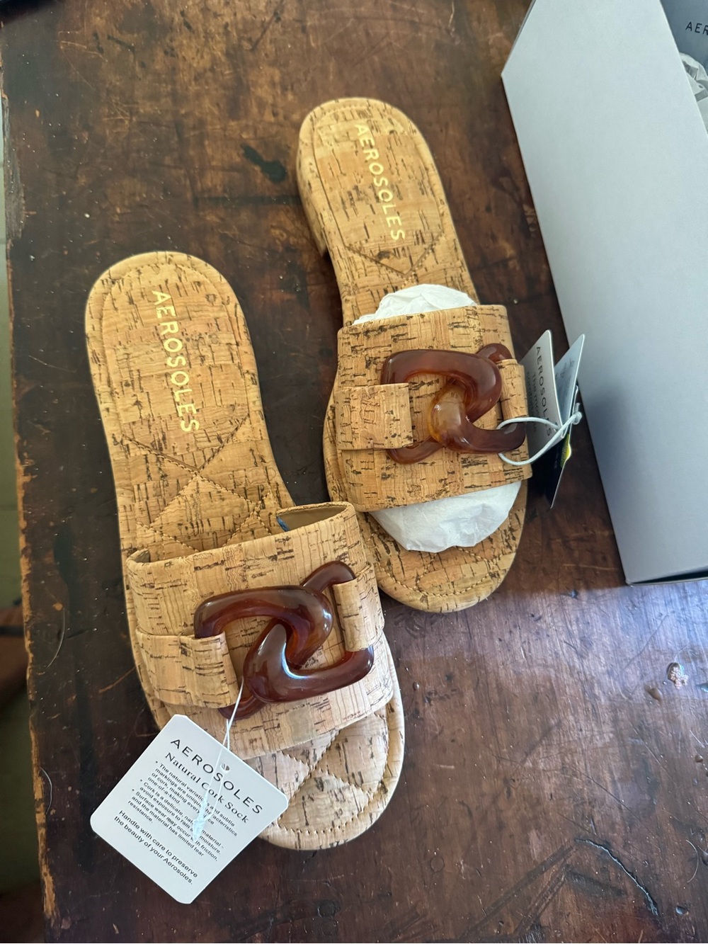AEROSOLES Cork Slide Sandals with Amber Chain Accent